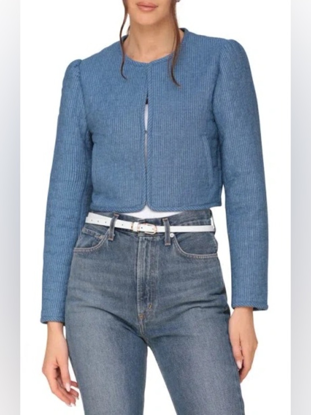 AVEC LES FILLES NWT
Puff Shoulder Quilt Double Cloth Crop Jacket Medium Blue